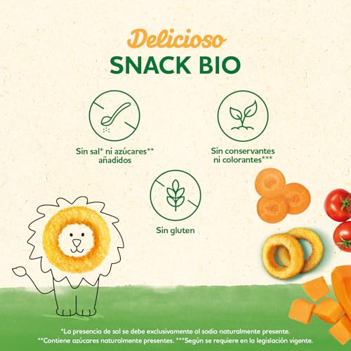 Miniatura 4 de Blédina Snacks Bio, Bolsas De Snacks Saludable Para Niños Sabor Zanahoria, Calabaza Y Tomate. Anillos Sin Gluten,Sin Conservantes Ni Colorantes Y Sin Sal Ni Azúcares Añadidos.Desde Los 10 Meses, 8x20g