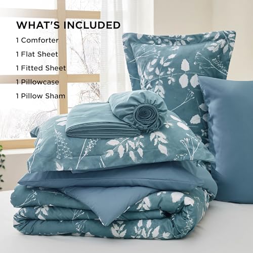 Image of Bedsure Floral Mineral Blue Comforter Set, Twin Bedding Sets, 5 Piece | Bed in a Bag, Comforters, Bedroom, Reversible, Fluffy, Whisper-Quiet, All-Season, Polyester, Easy Care, Botanical-Chic, OEKO