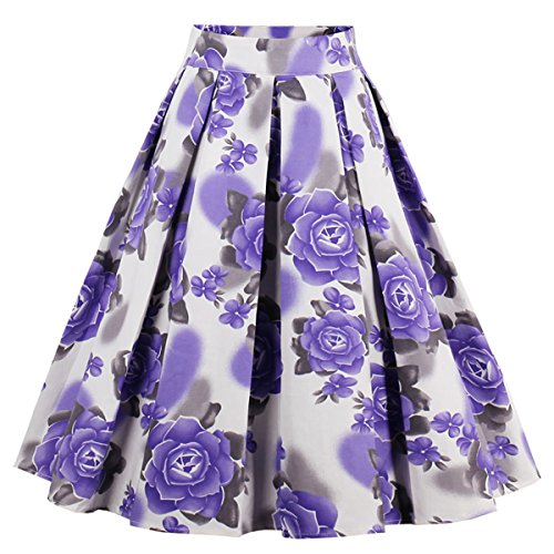 Dressever Women's Vintage A-line Printed Pleated Flared Midi Skirts Purple Flower X Small