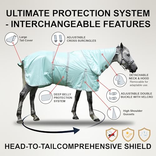 Image of Summer Horse Fly Sheet with Detachable Neck & Belly Wrap, Breathable Fine Mesh Sweet Itch Protection for Stable & Pasture Turnout, Biting Defense & All-Day Comfort Shield Moonlightgreen 66 inch