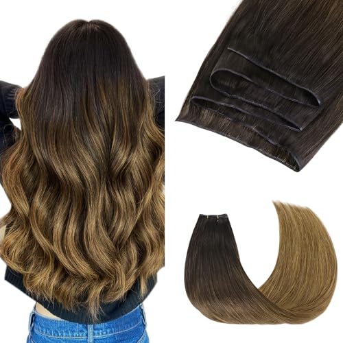 Image of GOO GOO Genius Weft Hair Extensions Human Hair, Sew In Hair Extensions Rooted Remy Weft, 1D /2C /4E Chocolate Dip Color Melt 16inch 50g, Hand Tied Weft Hair Extensions
