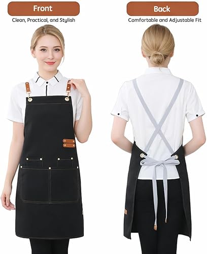Miniatura 2 de Delantal de cocina para hombres y mujeres, delantal impermeable negro con 4 bolsillos, delantales de cocina de lona ajustables para barbacoa