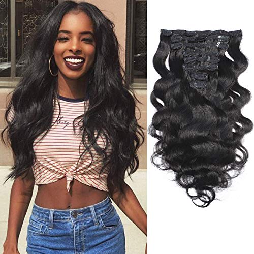 Body Wave Clip in Human Hair for Women Natural Black 100% Real Human Hair Extension Clip in Body Wave Hair Pieces Thick Full Hair Clip ins Body Wavy Human Hairpiece 8 Pieces 130 Gram 22 Inch
