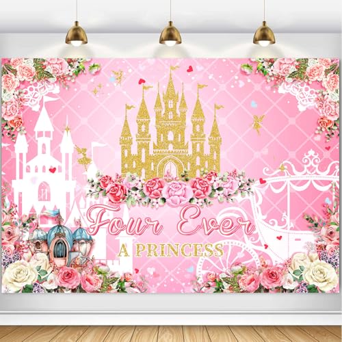 HANSHUAI Four Ever a Princess Backdrop Pink Princess 4th Birthday Party Photography Background Girls Fairy Castle 4 Years Old Bday Decor Banner Portrait Photo Booth Studio Props 7x5ft FU026DX