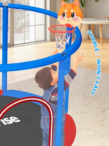 Image of BLUERISE 55IN 6FT Indoor /Outdoor Toddler Trampoline for Kids | Galvanized Steel Pipe,Multiple Activity Accessories,110lb,Safety Enclosure,Basketball Hoop,No-Gap Design,Anti-Rollover Bottom