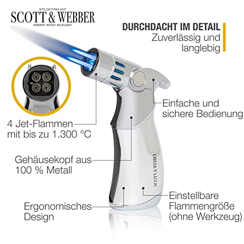 Sturmfeuerzeug Scott & Webber mit 4 Jetflammen, nachfüllbar und einstellbar