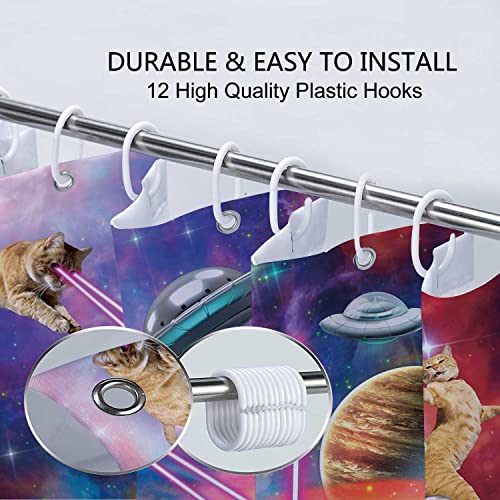 Image of Funny Cat Shower Curtain Boys Kids Bathroom Decor, Cool Riding Dinosaur On Fantasy Galaxy Hilarious Curtain, Funky Outer Space Universe Anime Fabric with 12PCS Hooks, 70X84IN