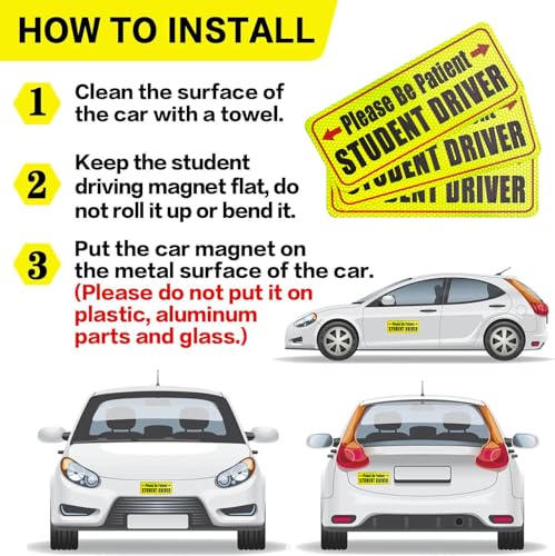 Image of 3 Pcs Student Driver Magnet For Car,Please Be Patient Student Driver Sticker ,New Student Driver Sticker ,Safety Warning Signs,High Reflective,Reusable Movable,Set of 3. 3.5 inch x 9 inch