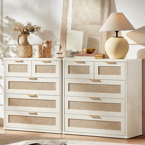 Image of LEYAOYAO Rattan Dresser Set 2 for Bedroom, 33.5 inch Small Chest of Drawers | Gold Metal Handle, Modern 5 Drawers Boho Dressers with Storage for Living Room, Hallway