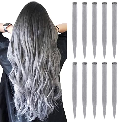 TOFAFA 22 inch Colored Hair Extensions Straight Hairpiece, Multi-colors Party Highlights Clip in Synthetic Hair Extensions (10 PCS Grey)