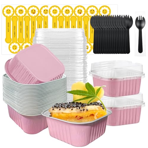 Viaoone 5oz Mini Cake Pans with Lids, 30 Pack 3.5x3.5 Inch Square Baking Cups, Disposable Aluminum Foil Cupcake Liners, Individual Muffin and Dessert Ramekins for Baking, Parties, and Events-Pink