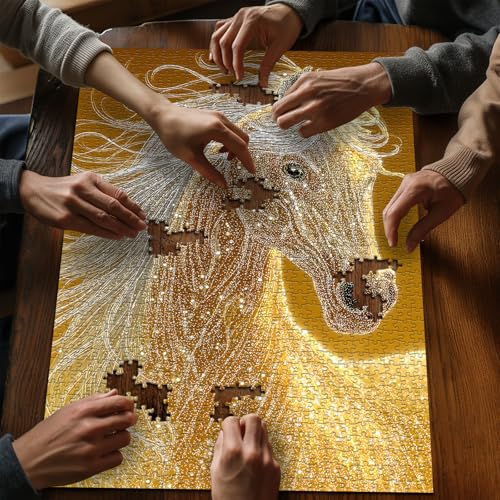 Rompecabezas de Caballos 1000 Piezas, Puzzle de Arte Animal Dorado de Fantasía, Desafío Difícil Imposible miniatura 4