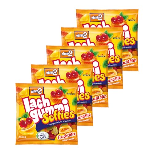 nimm2 Lachgummi Softies FruchtMix – 5 x 225 g – Gefülltes Fruchtgummi mit Fruchtsaft und Vitaminen – Süßigkeit in sechs Geschmacksrichtungen