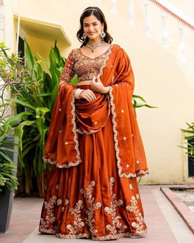 Image of piludi Women's Embroidered Lehenga Choli with Dupatta | Heavy Floral Zari Work Semi-Stitched Lehenga Set