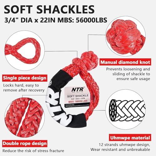 Image of NTR 1-1 /4 inch x 30' Kinetic Recovery Tow Rope (54,000lbs), with 2 UHMWPE Soft Shackles (56,000lbs), Heavy-Duty Offroad Snatch Strap, Vehicle Recovery kit for Jeep car Truck ATV UTV SUV, Grey