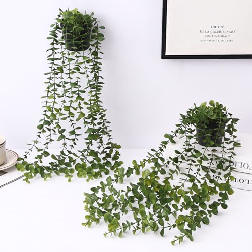 Image of TIED RIBBONS Set of 2 Artificial Hanging Plants with Pot Potted Greenery Eucalyptus Mandala Vine for Wall Home Decor Wall Pot Indoor Outdoor Office Garden Balcony Decoration Items (60 Cm Long)