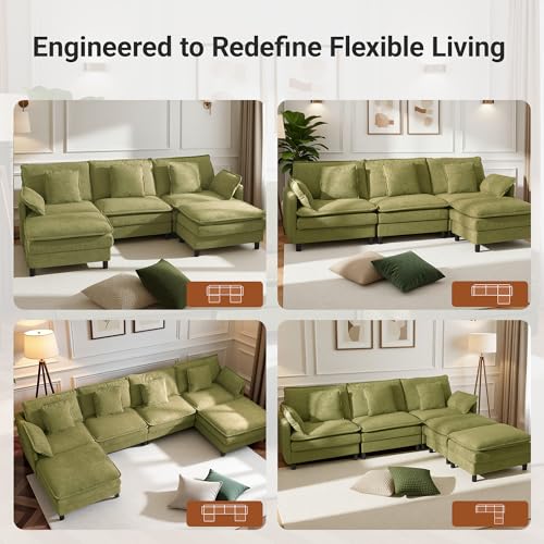 Image of Claiks 110 inch Modular Sectional Sofa, Cloud Couch with Ottoman, U-Shaped 5-Seater Sofa in Chenille Fabric, Deep Seat Comfy Couch with Pillows for Living Room & Offices, Green