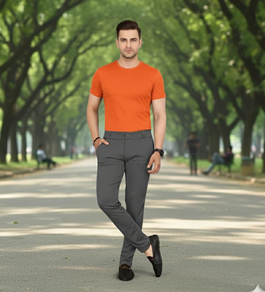 Image of Men's Classic Track Pants, Slim Fit, Lycra Blend Stretchable Business Casual Dress Pants, 4 Pockets, Button and Zipper Closure