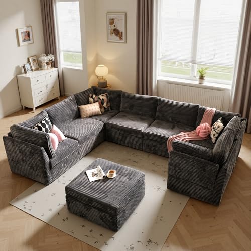 Image of ovios Modular Sectional Sofa Couch with Sofa Bed L-Shape Chaise, Comfy Plush Corduroy Cloud Couches, Modern Luxury Deep Seat Sofas Set for Living Room, 8-Seater, Grey