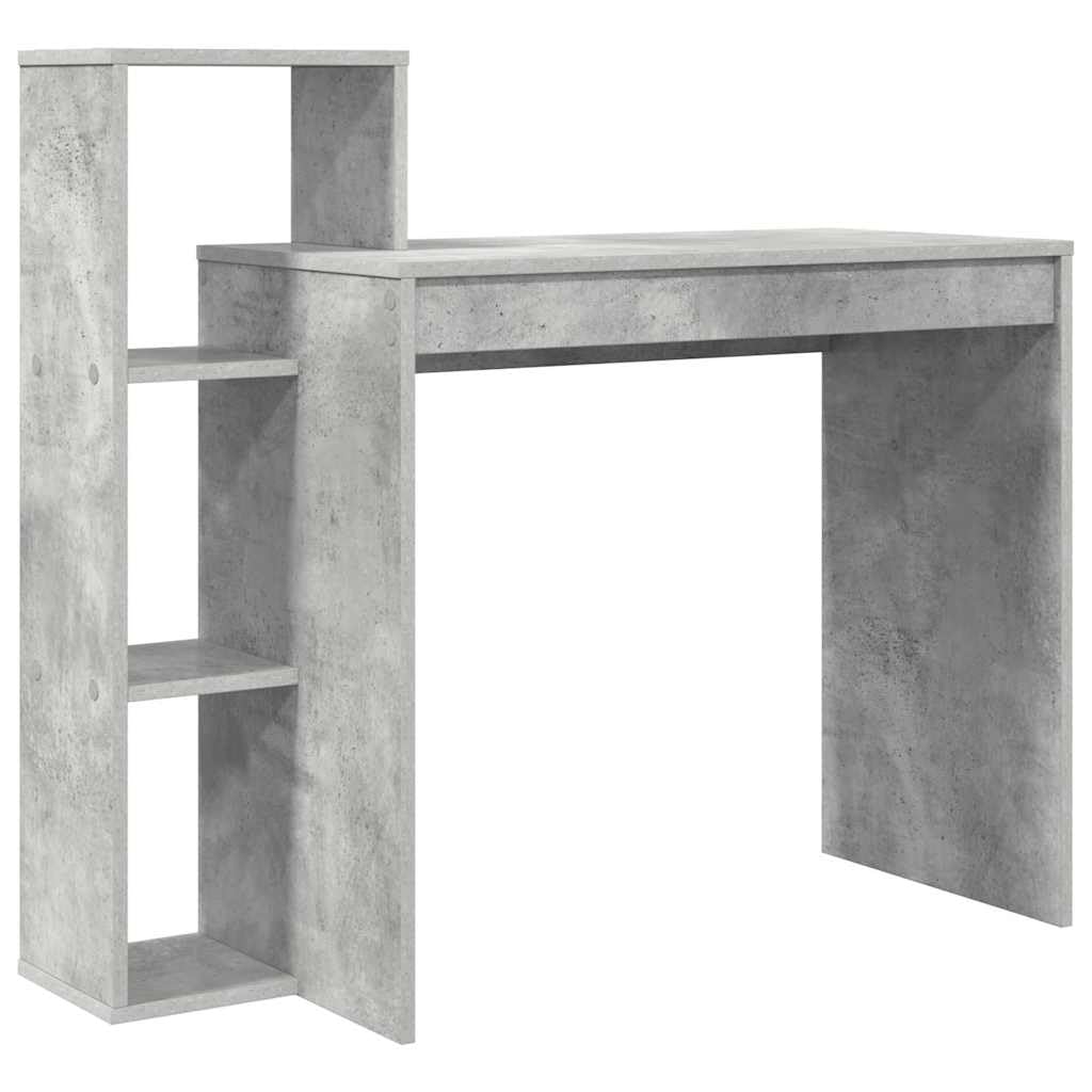 Table de travail moderne gris béton avec étagères pour optimiser l'espace