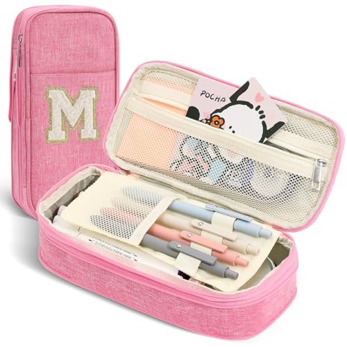 Image of Pencil Bag, Pencil Case for Girls Women, Preppy Pencil Case, Large Initial Pencil Pouch with Zipper, Back to School Supplies, Aesthetic Pen Case Box for Kids Teen Girls - M(Pink)