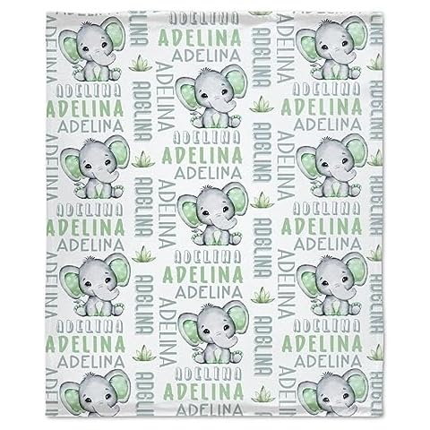 Personalized Green Elephant Baby Blanket with Name, Custom Baby Elephant Blanket for Girls Boys, Swaddle Blanket for Tollder Infant, Throw Soft Warm Flannel Fleece Blanke - 30"x40"for Baby/Pets Cover