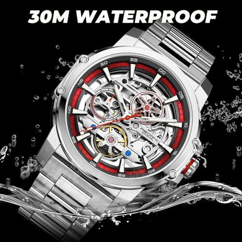Image of FORSINING Men's Luxury Automatic Skeleton Mechanical Watch, Industrial Style Self-Winding Hollow Watches with Tourbillon & Luminous Function, Stainless Steel Strap Mens Wristwatch