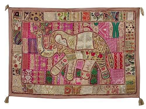 Image of Ekam Art Rajasthani Handmade Heavy Elephant Embroidery Cotton Patchwork Tapestry Cotton Wall Decor Hanging Beaded Tapestries Home Living Room Decor 40 x 60 Inch (Beige)