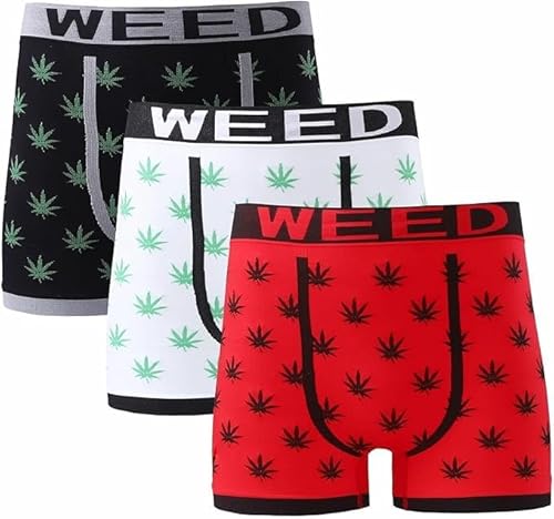 COSHAL® Herren-Boxershorts mit elastischem Bund, nahtlos, Sport-Slips, Herren-Alltagsunterwäsche, Herren-Sportunterwäsche, Weed (Schwarz Rot Weiß), S