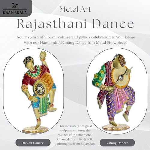 Image of KRAFTSKALA Handcrafted Chang Dancers Iron Metal Showpiece - Vibrant Rajasthani Folk Art Sculpture for Home Decor, 14 Inch