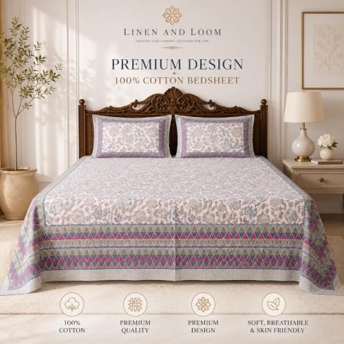 Image of Pure Cotton King Size Bedsheet with 2 Pillow Covers | Traditional Floral Jaipuri Print Flat Bed Sheet for Double Bed (93 x 108 Inches, Multicolor)