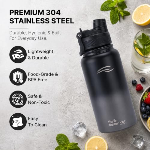 Image of The Better Home Vacuum Insulated Stainless Steel Water Bottle 1 Litre (1000ml /1L) | Thermosteel Hot & Cold 24 Hrs | BPA-Free, Food-Grade 304 SS | Leak-Proof | Gym, Office & School | Black & Grey