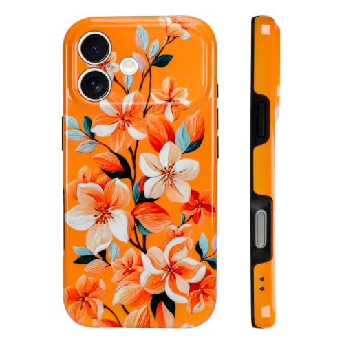 Image of Magnetic for iPhone 16 Case for Women Girl, Orange Floral | Stylish Flower Pattern Design [Compatible with MagSafe] [Full Camera Protection] 2-Layer Hybrid Shockproof Glossy Phone Case