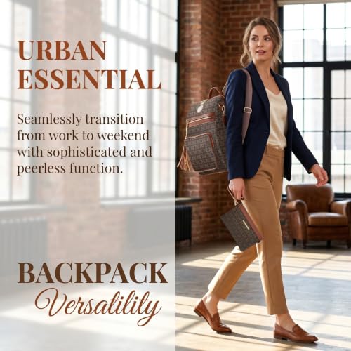 Image of JULIE FERRARO Women Convertible Backpack Purse, Large PU Leather Travel Backpack with Multi Pockets, Shoulder Handbag Set with Wristlet for Work, Travel & Daily Use