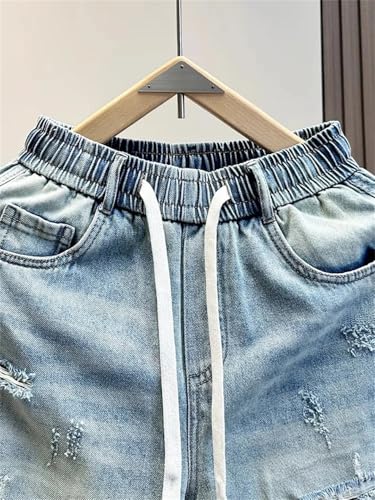 Mens Summer Hole Ripped Straight Denim Pants Elastic Waist Loose Jeans Thin Comfortable Cowboy Trousers3