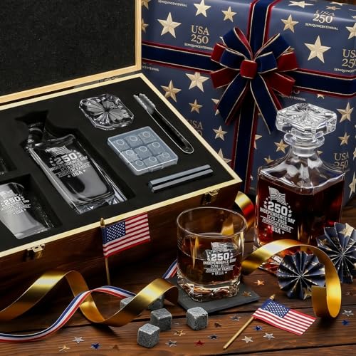 Image of Personalized 250th Anniversary Classic Whiskey Decanter Set - USA 250 Independence Gift for Men, Custom Engraved Family Name or Text,Decanter & 2 Whiskey Glasses, 9 Chilling Stones in Wooden Gift Box