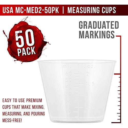 Pouring Masters 2 Ounce (60Ml) Graduated Plastic Measuring Cups (50 Clear Cups & 25 Mixing Sticks) - For Acrylic Paint, Resin, Epoxy, Art, Kitchen, Cooking, Medicine, Laboratory - Oz, Ml Measurements #TOP1