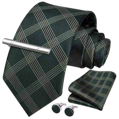 Image of HISDERN Plaid Ties for Men Classic Checkered Tie and Pocket Square Cufflinks Tie Clip Set Woven Men's Necktie Business