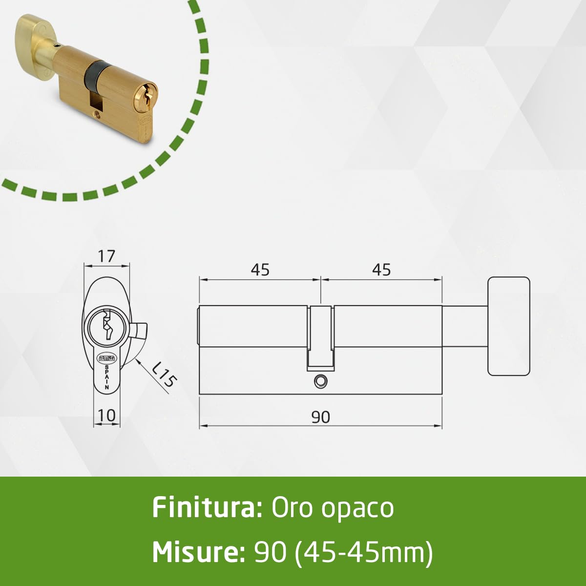 AMIG - Cilindro per Serrature - Misura: 90 mm (45-45M) - Mate - 6 Perni - Sistema Anti-gancio e Anti-bumping - Perni Anti-perforazione - Include 3 Chiavi - Vite di Fissaggio da 65 mm