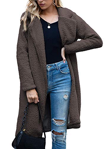 Women's Fuzzy Fleece Lapel Open Front Long Cardigan Coat Faux Fur Warm Winter Outwear Jackets with Pockets (Coffee,X-Large)