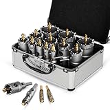 GSTK Upgrade Heavy Duty Carbide Hole Saw 14 Pcs,Metal Steel Hole Saw Drill Bit,TCT Hole Cutter,Alloy Hardness Upgrade, with 2*Extra Titanium Plated Pilot Center Drill and 2*L-Wrench