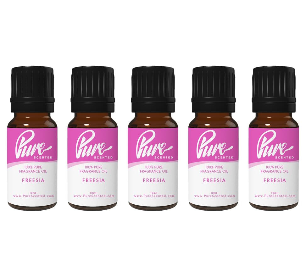 Pure Scented 50ml Fragrance Oils - 5 x 10ml Suitable for Candles, Soaps, Slime, Diffusers, Cosmetics, Wax Melts, Designer (5 x 10ml, Freesia)