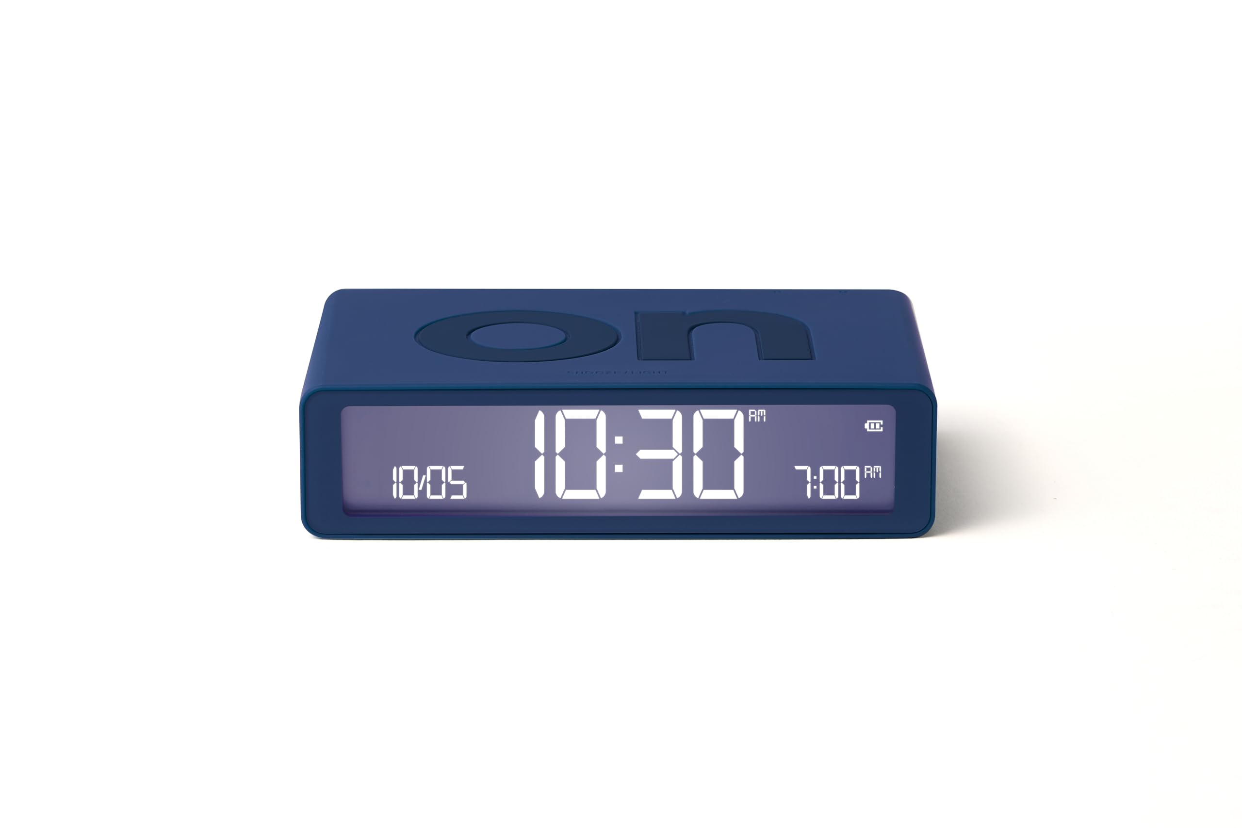 Lexon Flip Classic Digital Alarm Clock with Reversible On/Off Faces, Rechargeable bedside clock with LCD display, Touch Sensor for Snooze & Light function - Dark Blue
