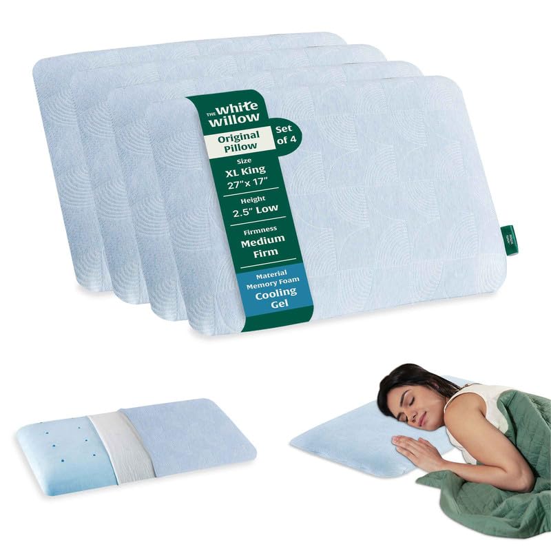 The White Willow Thin Pillow for Sleeping-Slim Memory Foam Pillow Set of 4-Cool Gel Slim Pillow for Neck & Shoulder Pain Relief-Flat Pillow-Orthopedic Cervical Neck Pillow-XL King Size-2.5" H-Blue