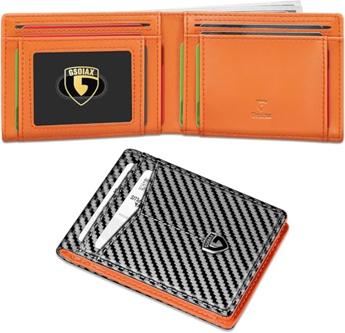 GSOIAX Slim Wallet for Men Leather Carbon Fiber RFID Blocking Minimalist Front Pocket Bifold mens Wallet with ID Window,12 Credit Card Holders with Gift Box (Carbon orange)