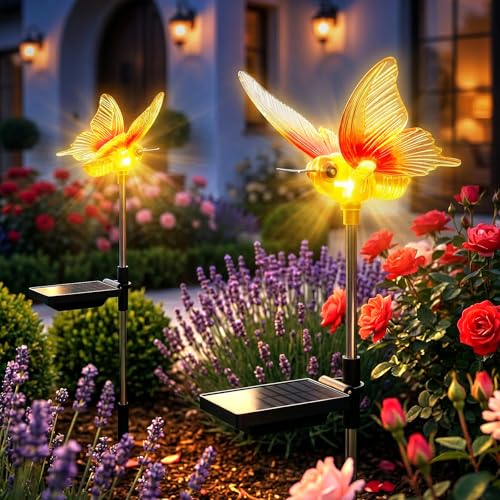 Lumière Solaire Jardin,2 Pièces Papillon Lampe Solaire Extérieure,1200mAh Étanchéité IP67 Lampes Solaires Allumage Automatique pour l'extérieur,Lumière...