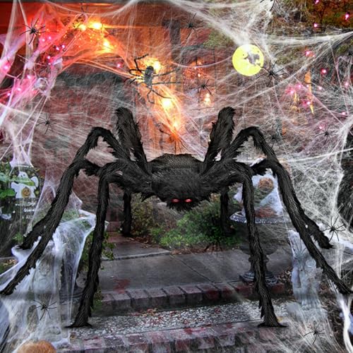 2m Halloween Riesiges Spinne Halloween Deko Outdoor Garten Gruselig Spinne Groß Set mit Groß Spinnennetz Deko & 20 Mini Spinnen für Garten Outdoor & Party Horror Draußen
