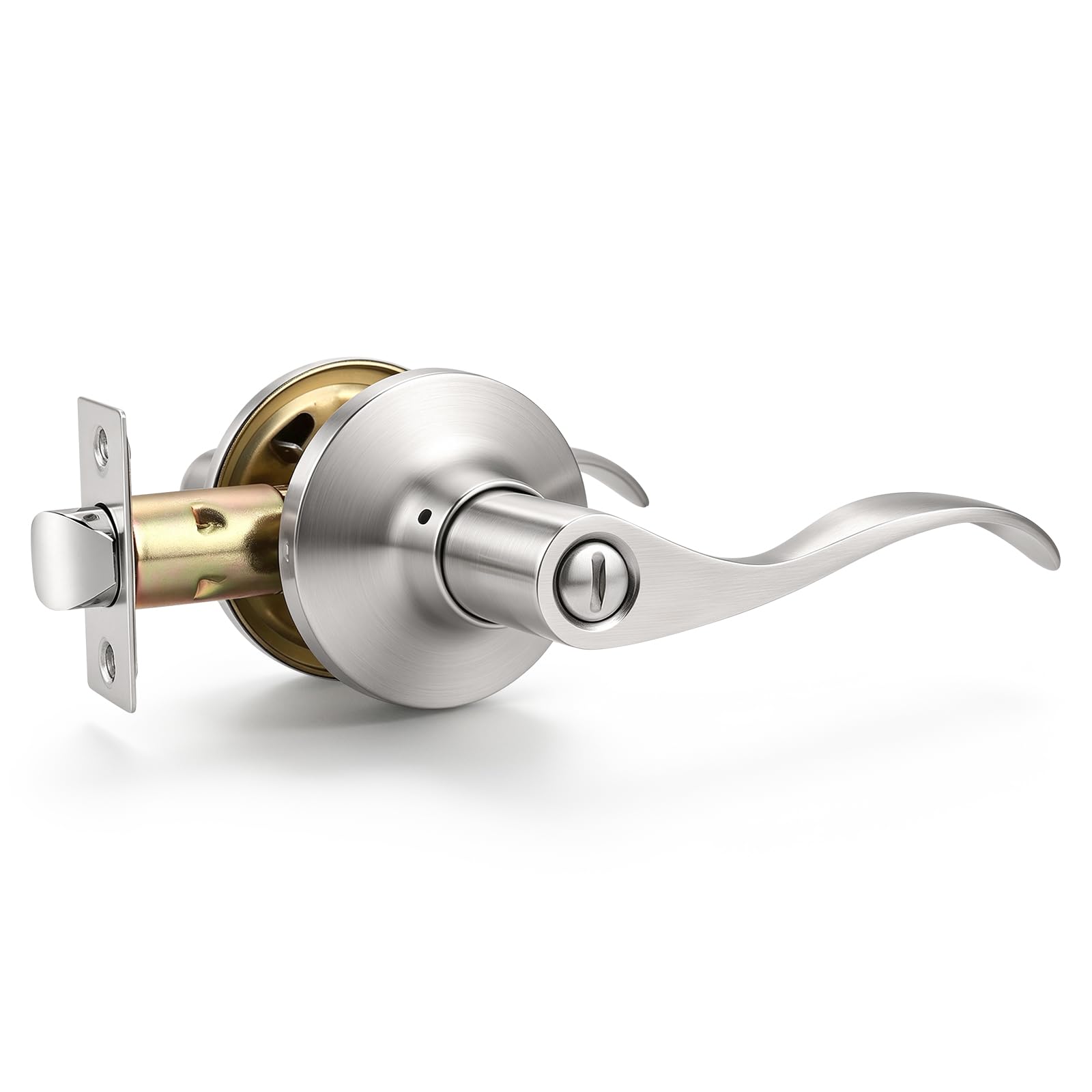 Mengico 1 Pack Satin Nickel Privacy Door Lever, Modern Interior Door Knobs Locks for Bedroom and Bathroom, Reversible Wave Lever Handle