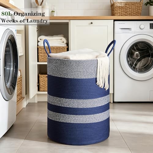 Image of Blue Hamper Tall Woven Laundry Basket 80L Large