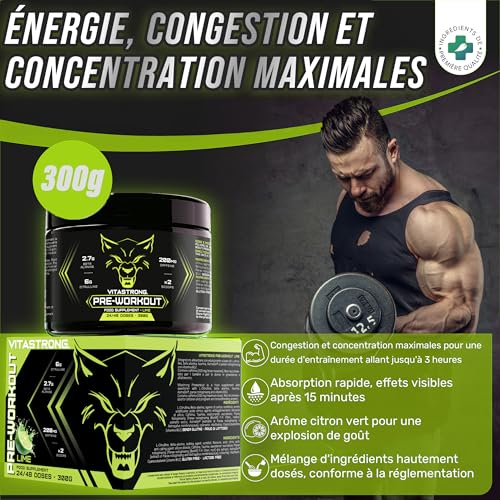 Pre Workout Booster Puissant 300g Goût Lime, Vegan Preworkout, Vitamine B12, L Citrulline, Beta Alanine, Cafeine, Taurine, AstraGin, Vitastrong Pre Workout (24 portions (paquet de 1), Lime) – Image 3